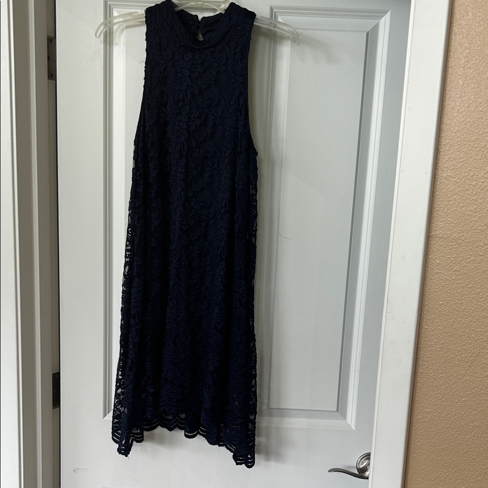 Sleeveless Navy Lace A-Line Dress